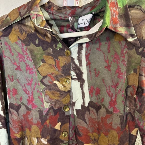 Virna Dro Abstract Floral Print Button Front Shirt Dress Tunic Green Brown